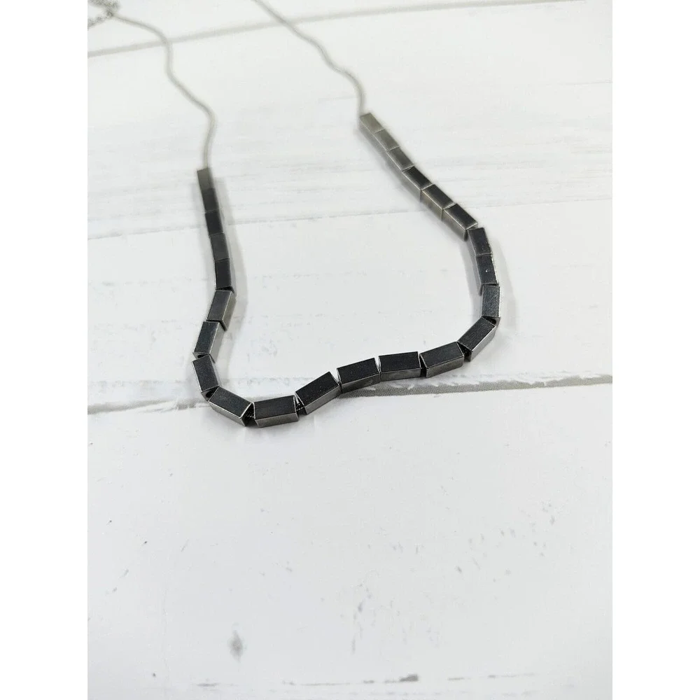 16 in Fine Stainless Steel Necklace Black Hematite Rectangle Pendant 2 in Extend
